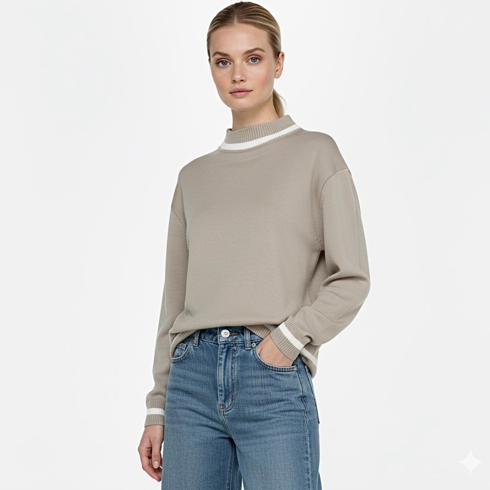 BRANDON MAXWELL Ribbed Trim Beige Mock Neck Knit Sweater Women’s Size XS